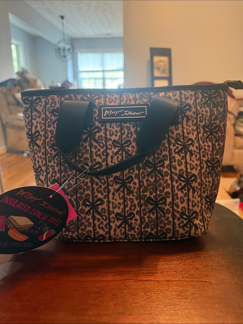 Betsey Johnson Black & Tan Leopard Bow Print Insulated Tote